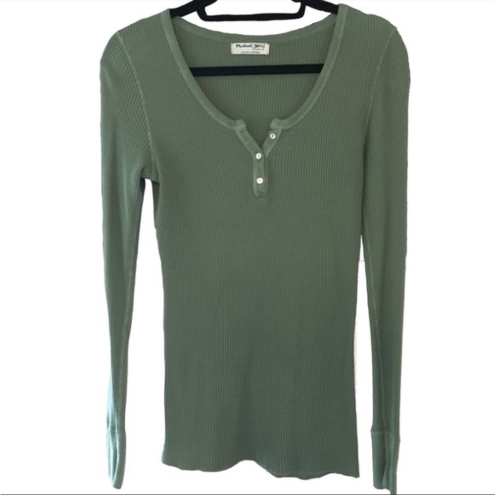 Michael Stars Green Long Sleeve Waffle Knit Thermal Top